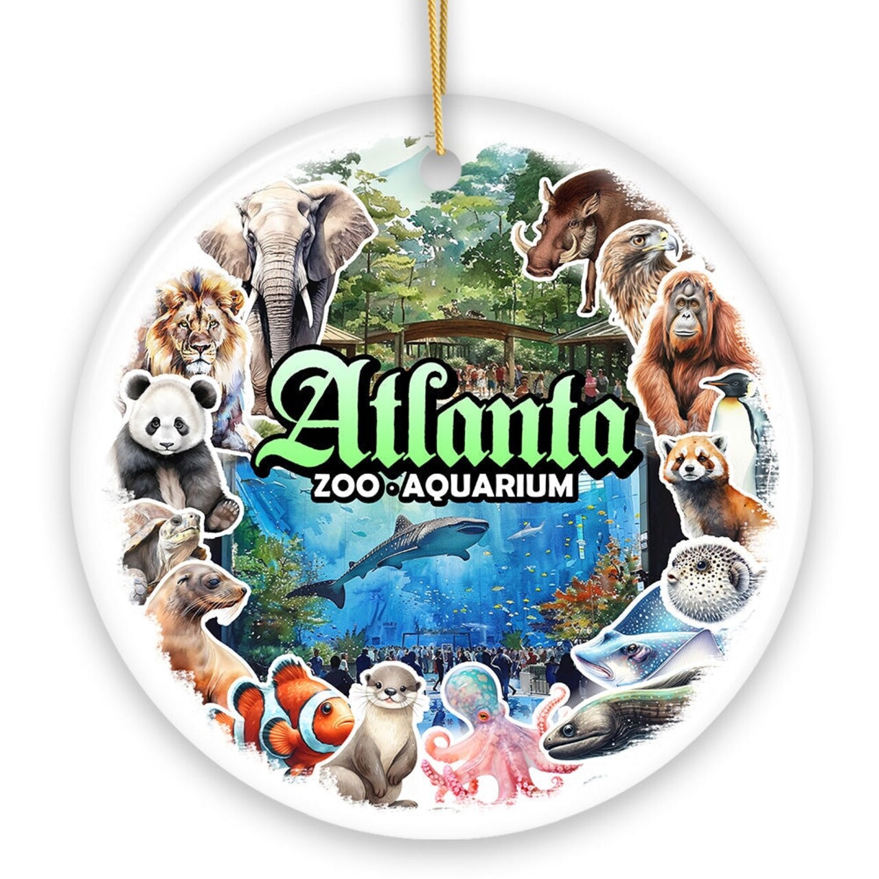 Atlanta Georgia Aquarium and Zoo Watercolor Art Ornament, City Souvenir Gift with Animals and Sea Creatures